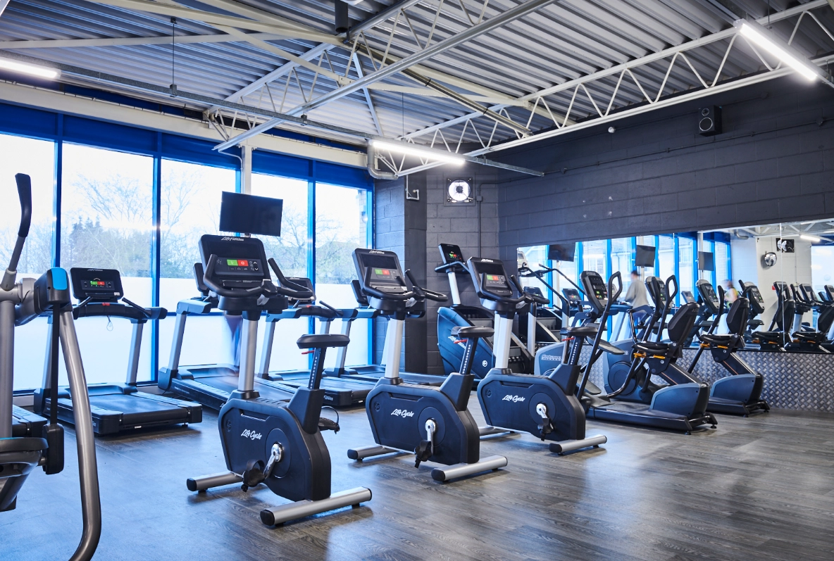 Scotch Horn Leisure Centre showing cardio machines with full length windows in the background