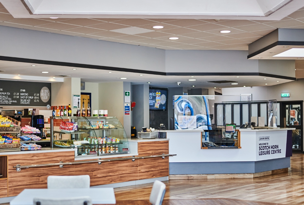 Image shows Scotch Horn Leisure Centre cafe and reception desk